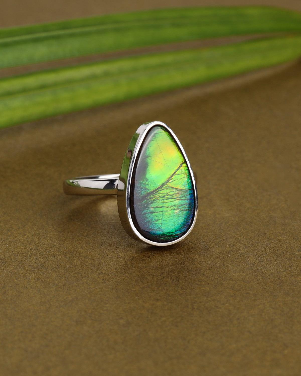 9 Ct. Ammolite Ring Solid 925 Sterling Silver Bold Jewelry - YoTreasure