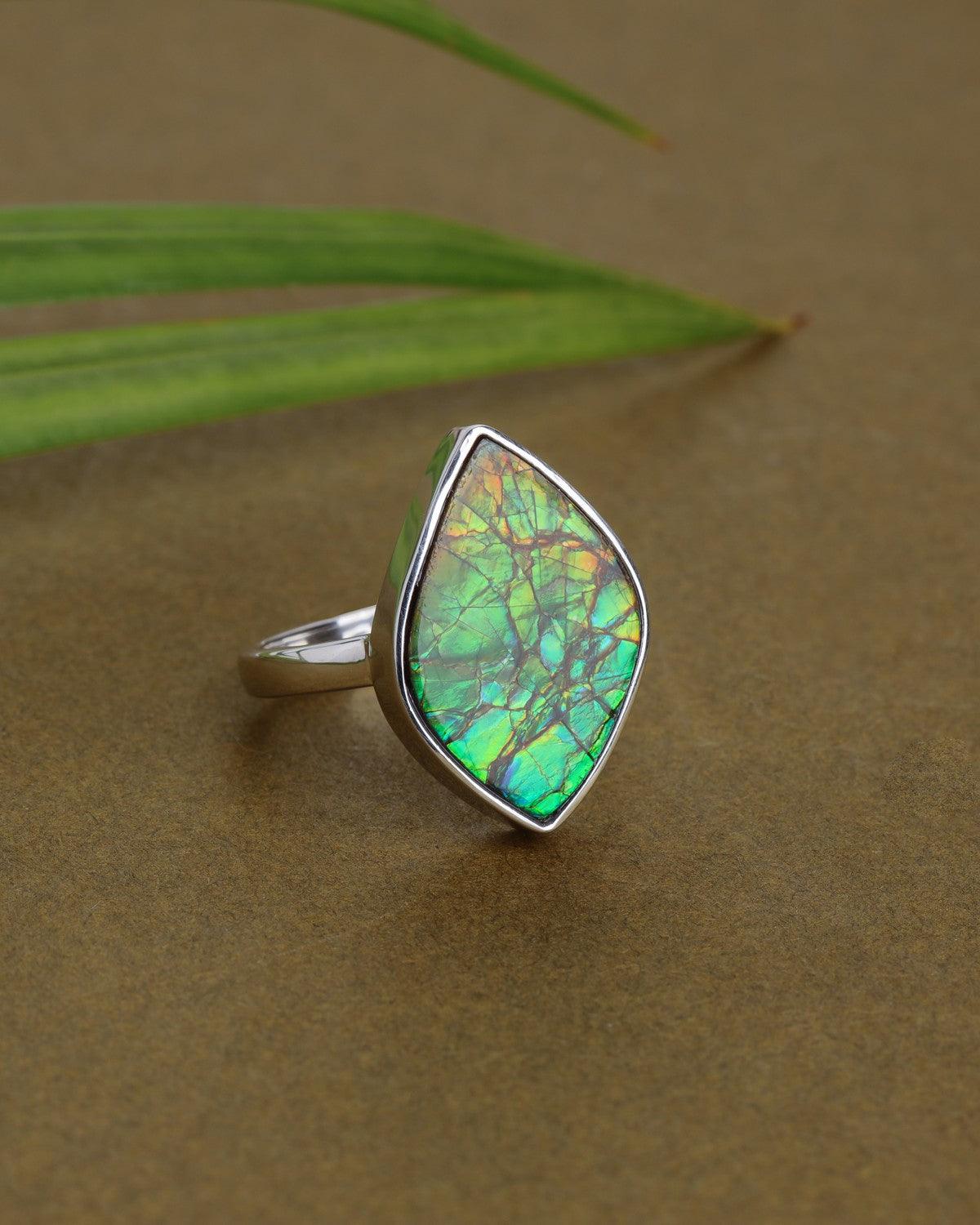 10.15 Ct. Ammolite Solid 925 Sterling Silver Statement Ring Jewelry - YoTreasure