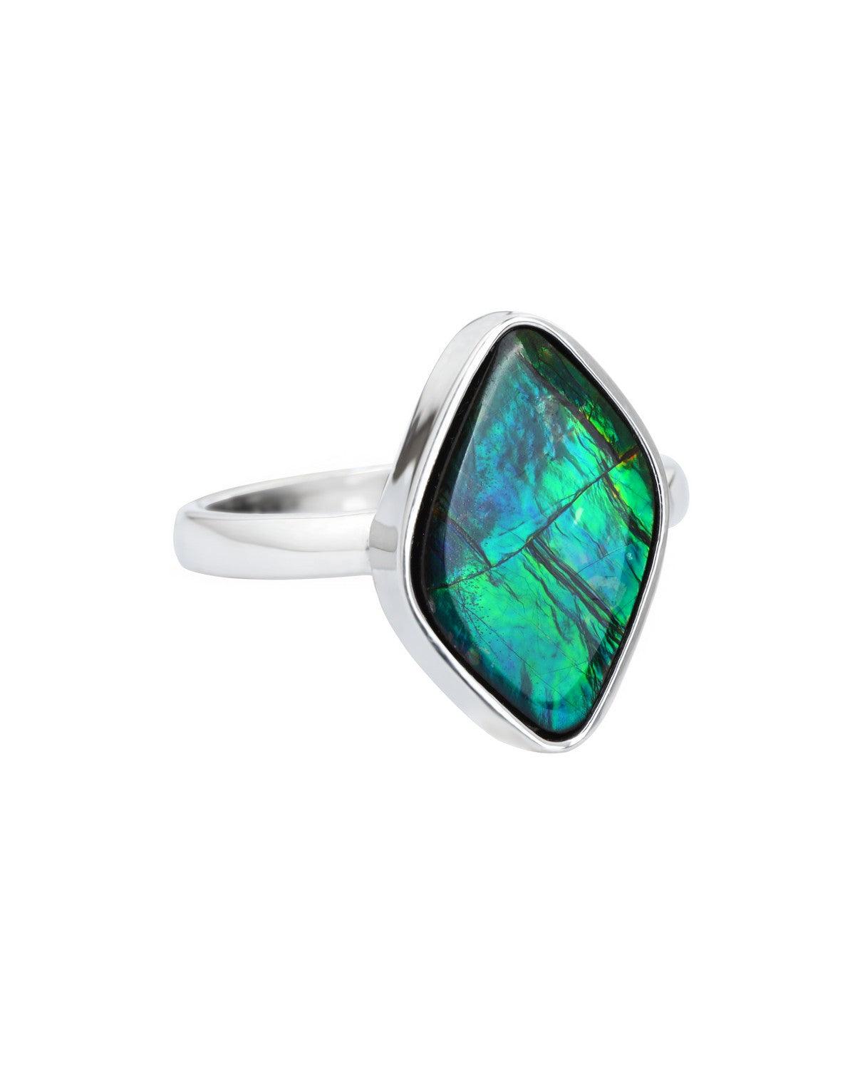 11.90 Ct. Ammolite Solid 925 Sterling Silver Ring Jewelry - YoTreasure