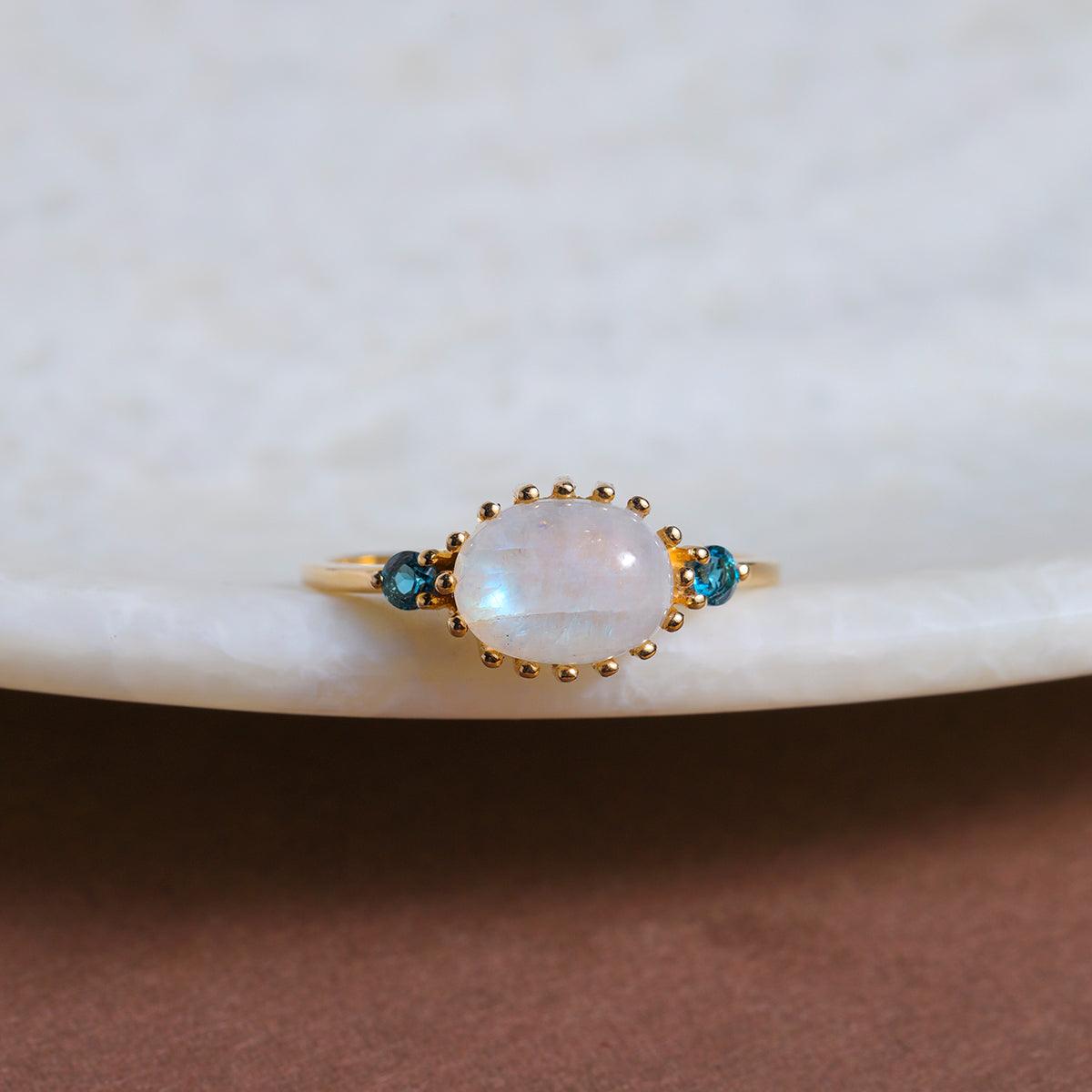 2.04 Ct. Rainbow Moonstone London Blue Topaz 14K Yellow Gold Promise Ring - YoTreasure