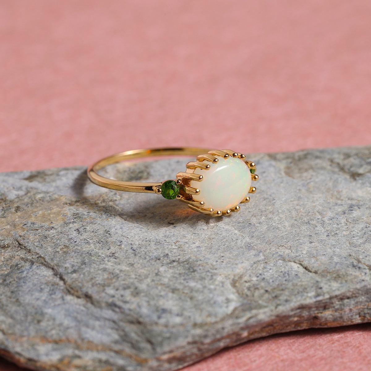 1.09 Ct. Genuine Ethiopian Opal Chrome Diopside 14K Yellow Gold Promise Ring - YoTreasure