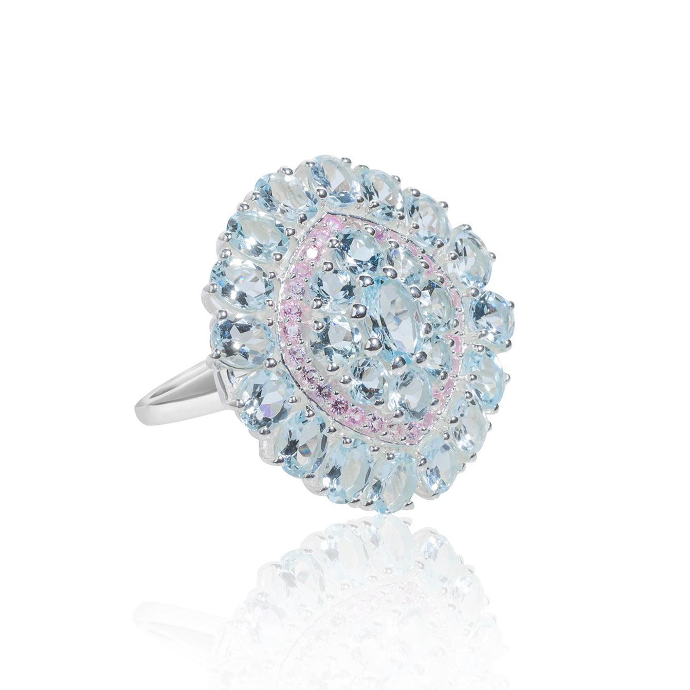 Aquamarine Pink Sapphire Solid 925 Sterling Silver Cluster Ring Jewelry - YoTreasure