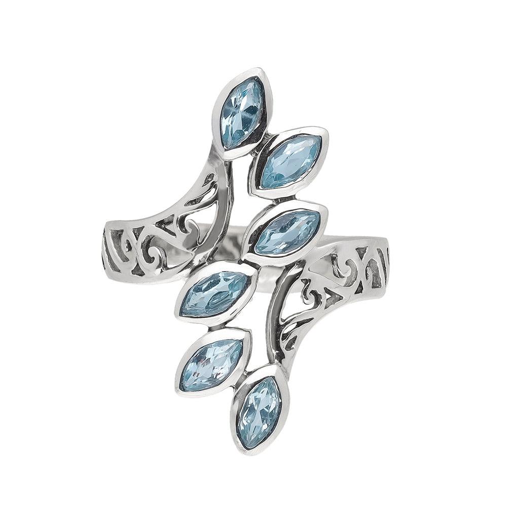 Blue Topaz Solid 925 Sterling Silver Leaf Design Ring Jewelry - YoTreasure