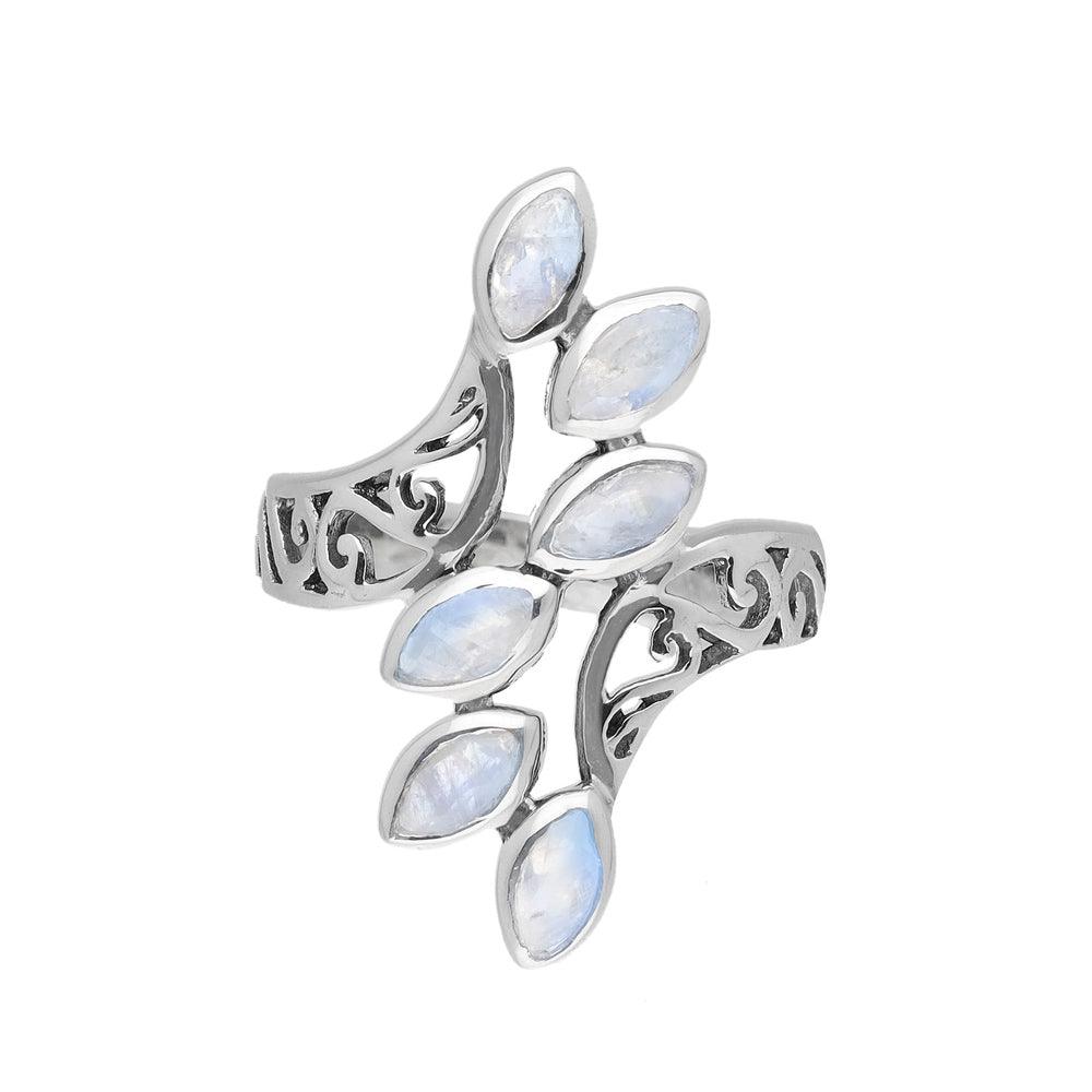 Rainbow Moonstone Solid 925 Sterling Silver Leaf Design Ring Jewelry - YoTreasure