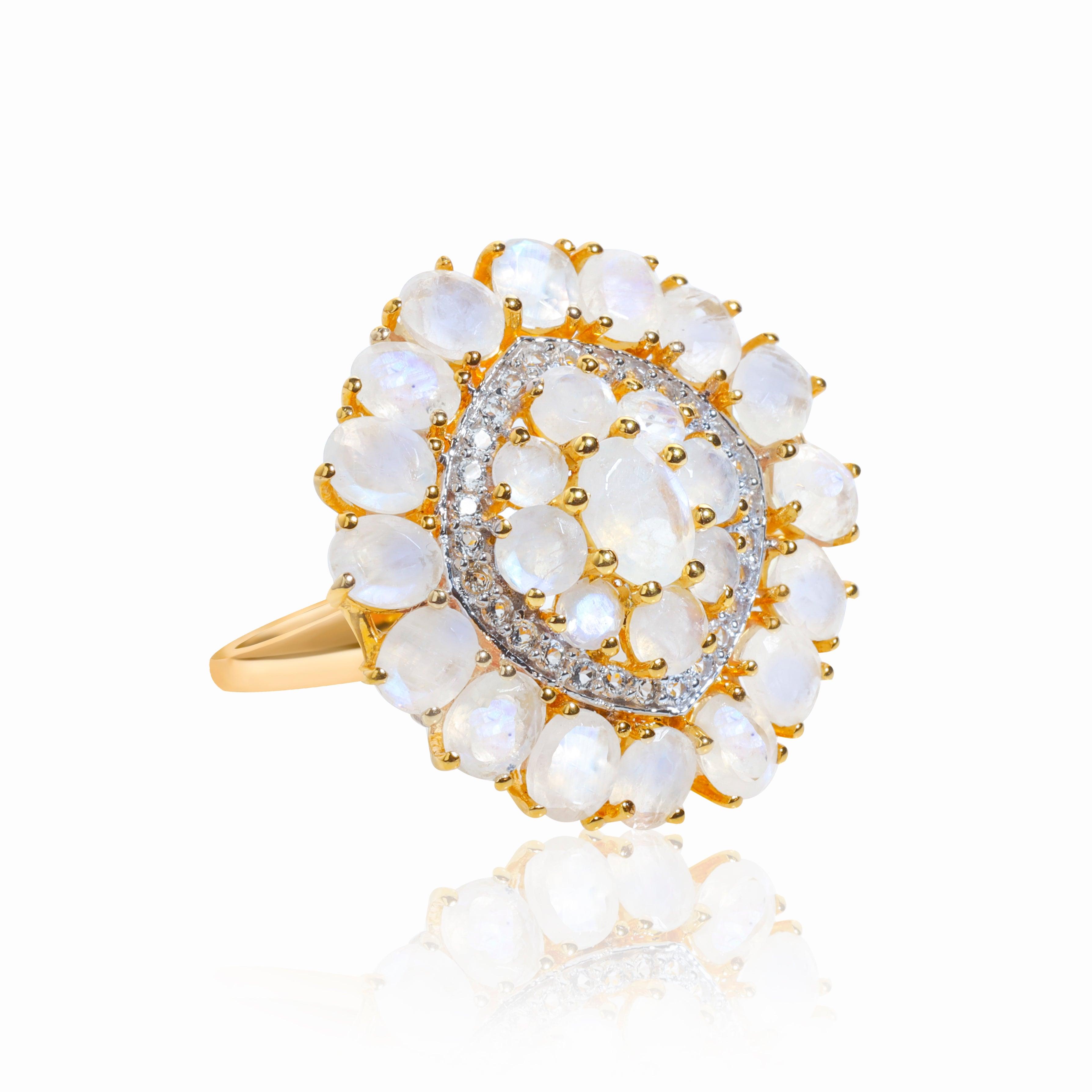 Moonstone White Topaz Yellow Gold Plated Over 925 Silver Cluster Ring Jewelry - YoTreasure