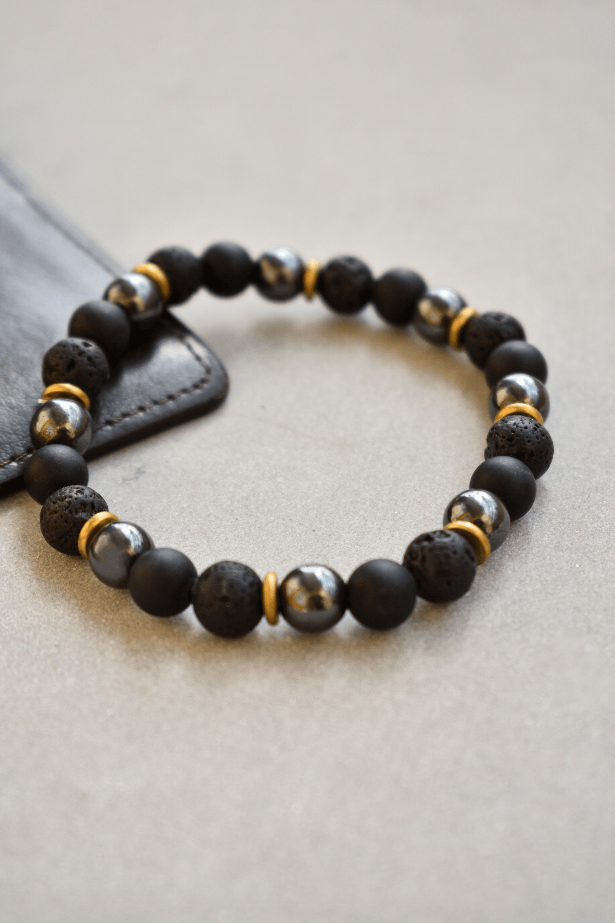 Black Onyx Hematite Volcanic Lava Brass Stretchable Beads Bracelet 7" For Men's Jewelry - YoTreasure