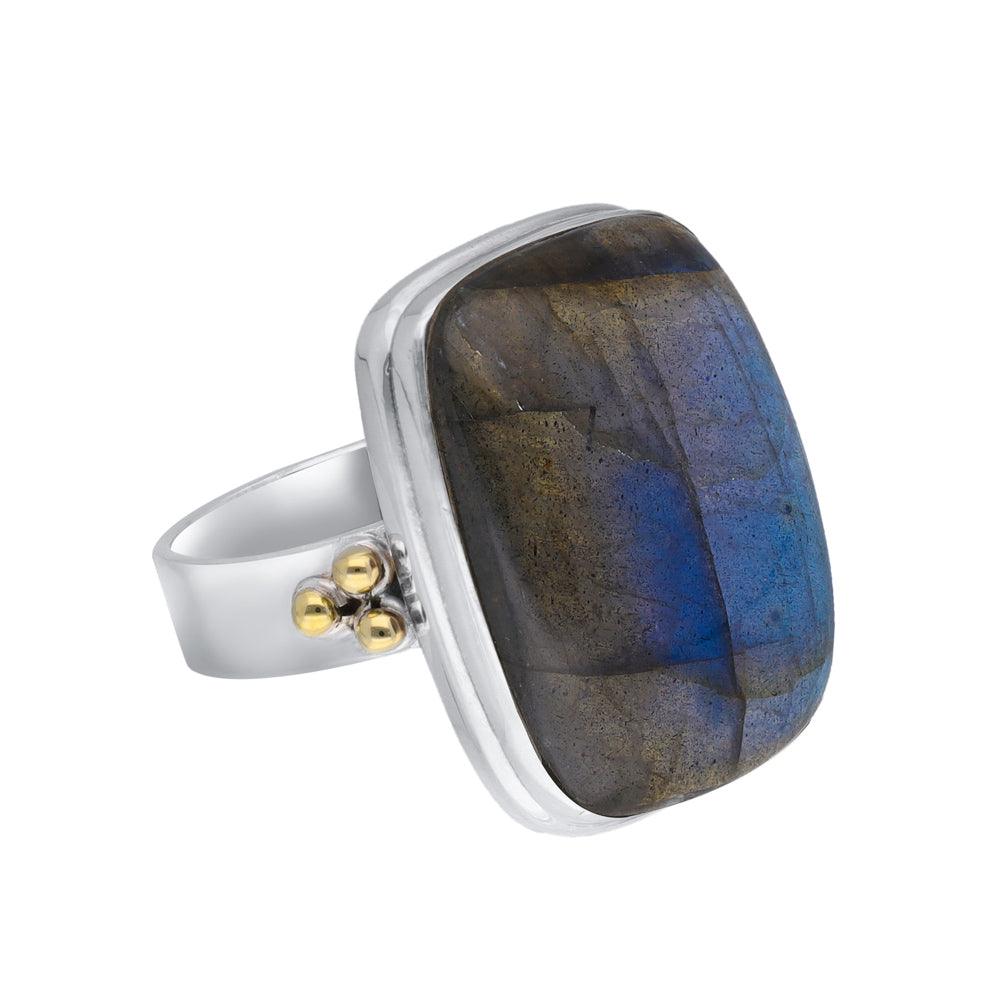 Labradorite Statement Ring Solid 925 Sterling Silver With Brass Accents - YoTreasure