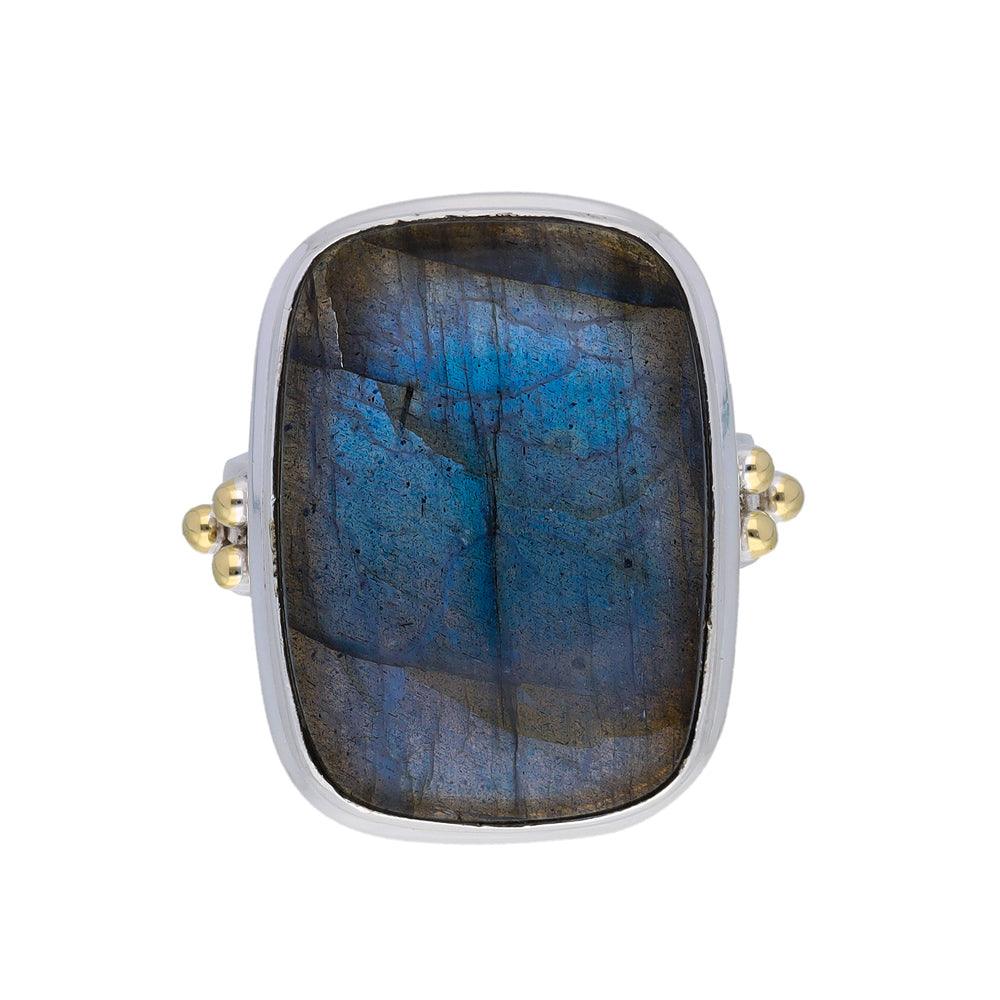 Labradorite Statement Ring Solid 925 Sterling Silver With Brass Accents - YoTreasure