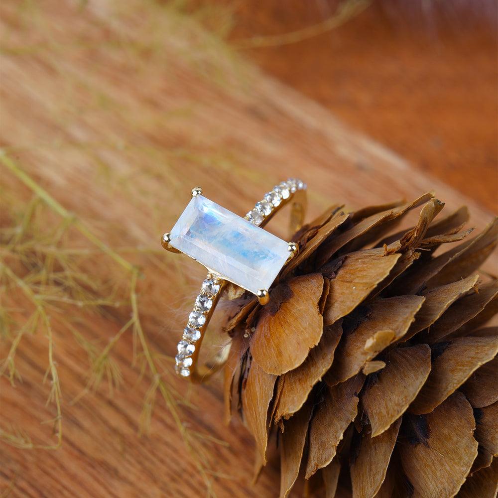 Rainbow Moonstone White Sapphire Solid 14K Yellow Gold Promise Ring Jewelry - YoTreasure