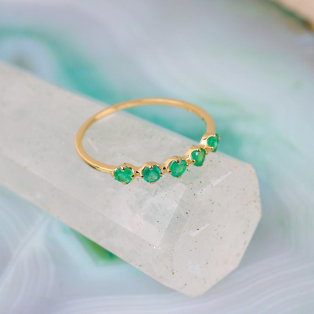 Zambian Emerald Solid 14K Yellow Gold 5-Stone Wedding Band Ring Jewelry - YoTreasure