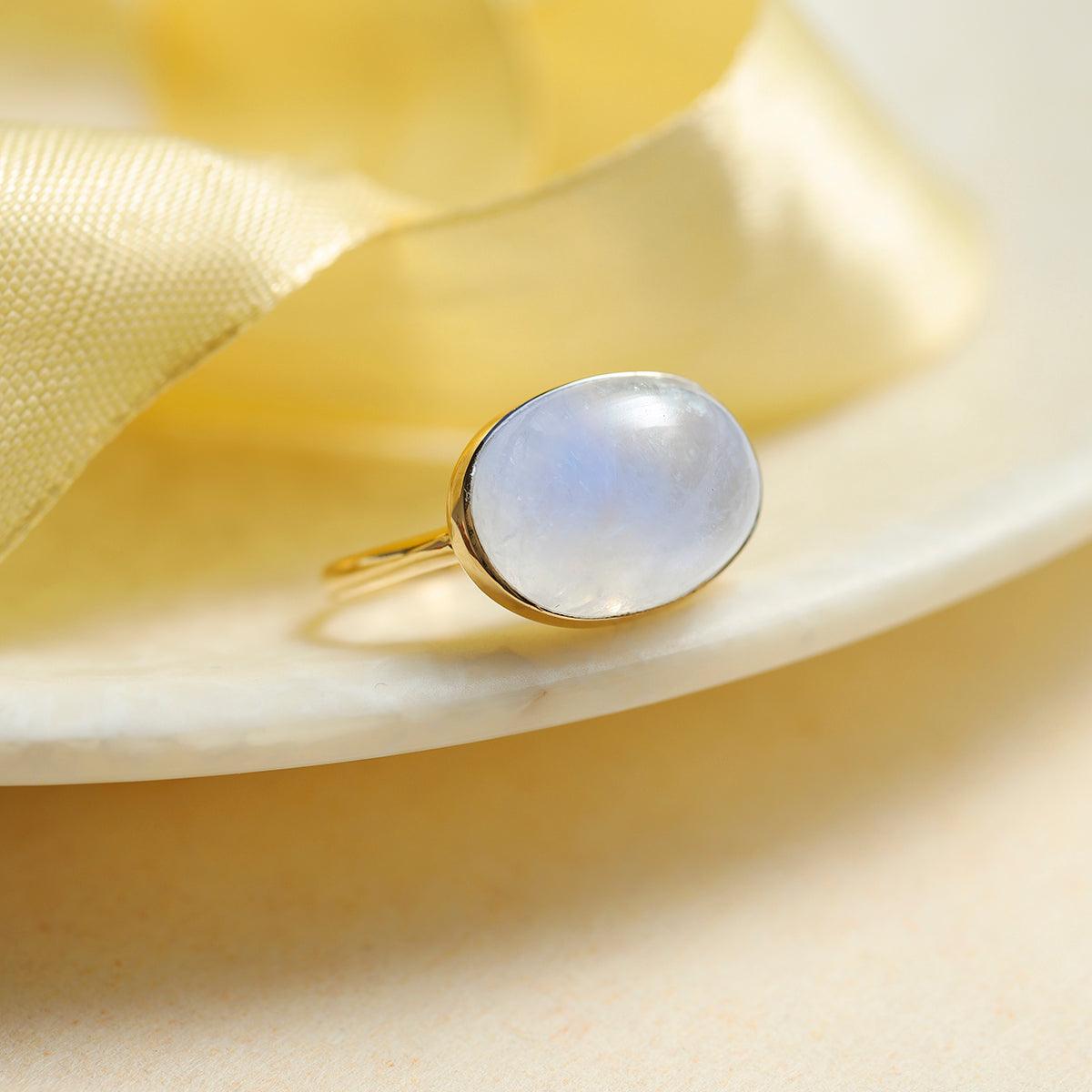 Rainbow Moonstone Solitaire Ring 14k Gold Over 925 Silver - YoTreasure