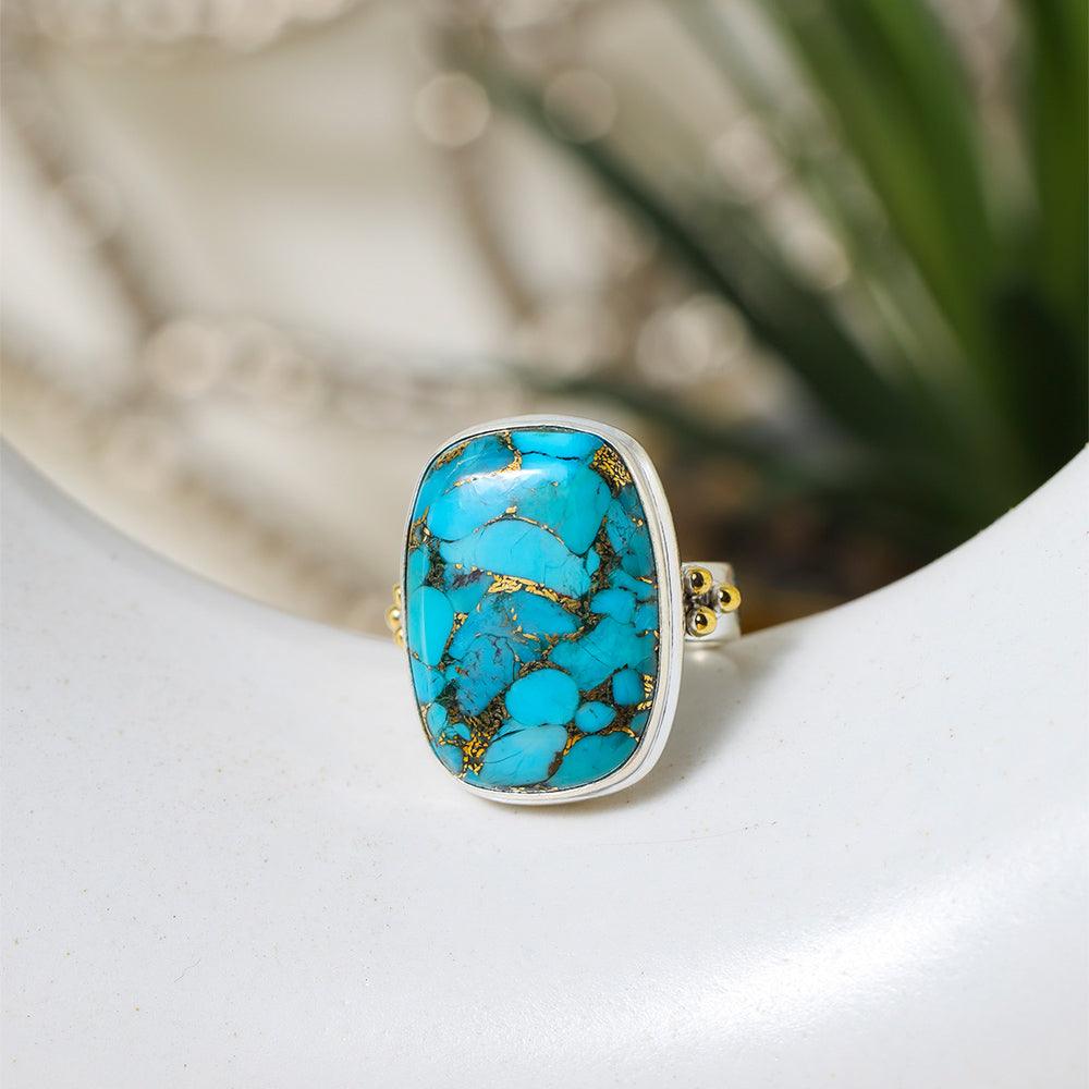 Blue Copper Turquoise Statement Ring 925 Sterling Silver With Brass Accents - YoTreasure