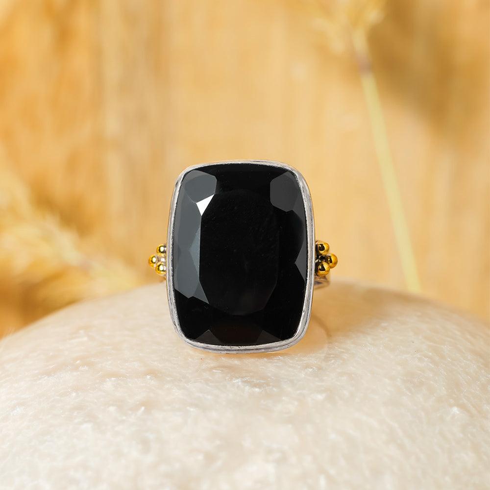 Black Onyx Statement Ring Solid 925 Sterling Silver With Brass Accents - YoTreasure