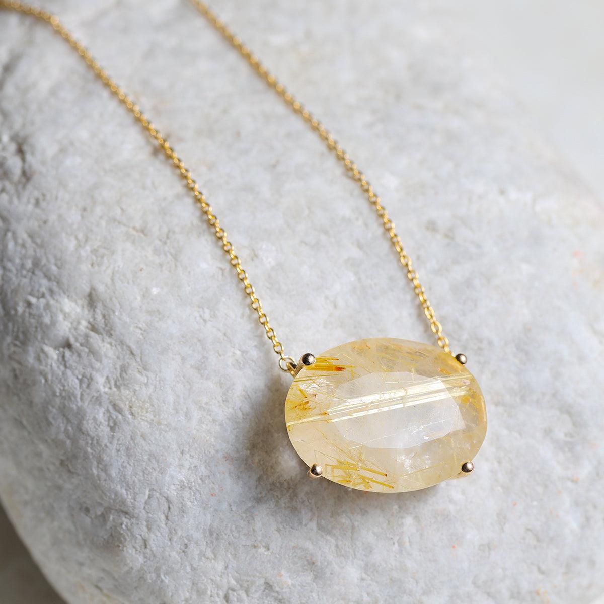 Golden Rutile Quartz 14K Gold Over 925 Silver Chain Pendant Necklace Jewelry - YoTreasure