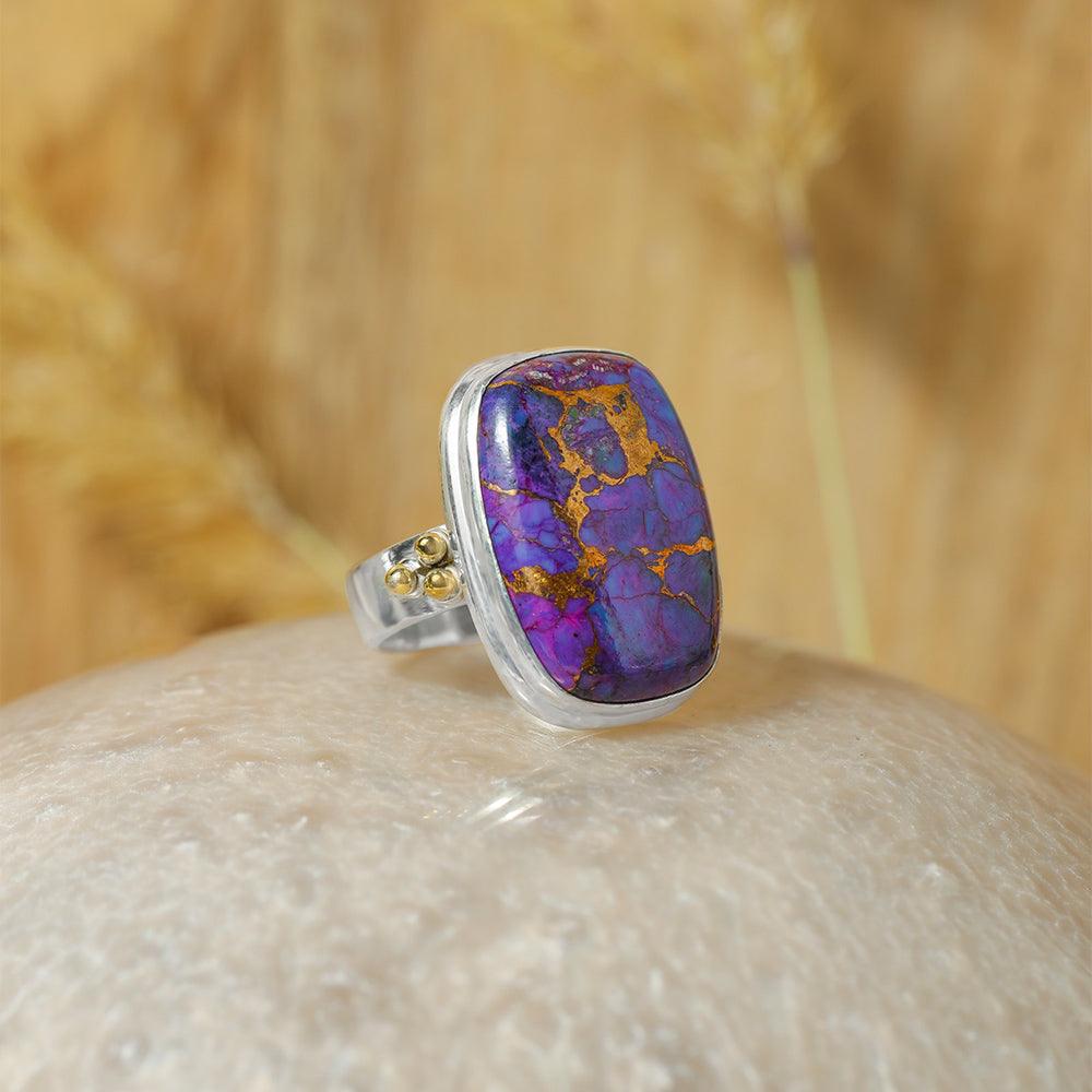 Purple Copper Turquoise Statement Ring 925 Sterling Silver With Brass Accents - YoTreasure