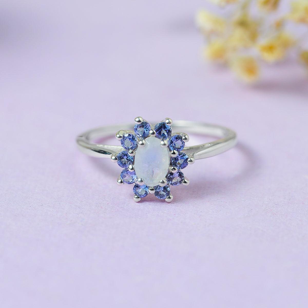 0.83 Ct. Moonstone & Tanzanite 10kt White Gold Engagement Ring Jewelry - YoTreasure