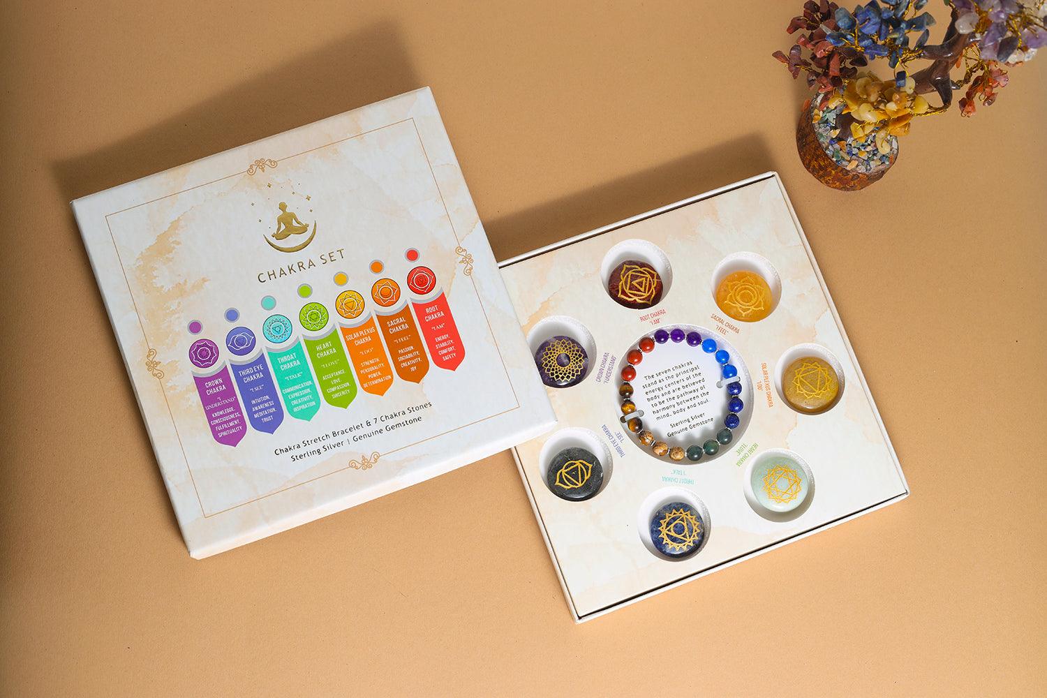 Chakra Stretch Bracelet & 7 Spiritual Energy Crystals Gift Box Set in Sterling Silver - YoTreasure