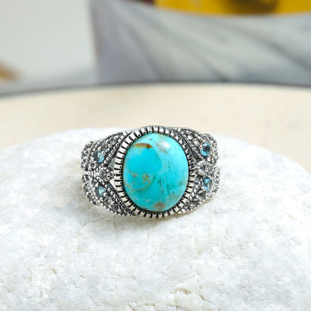 Blue Turquoise Swiss Blue Topaz 925 Sterling Silver Statement Ring Jewelry - YoTreasure