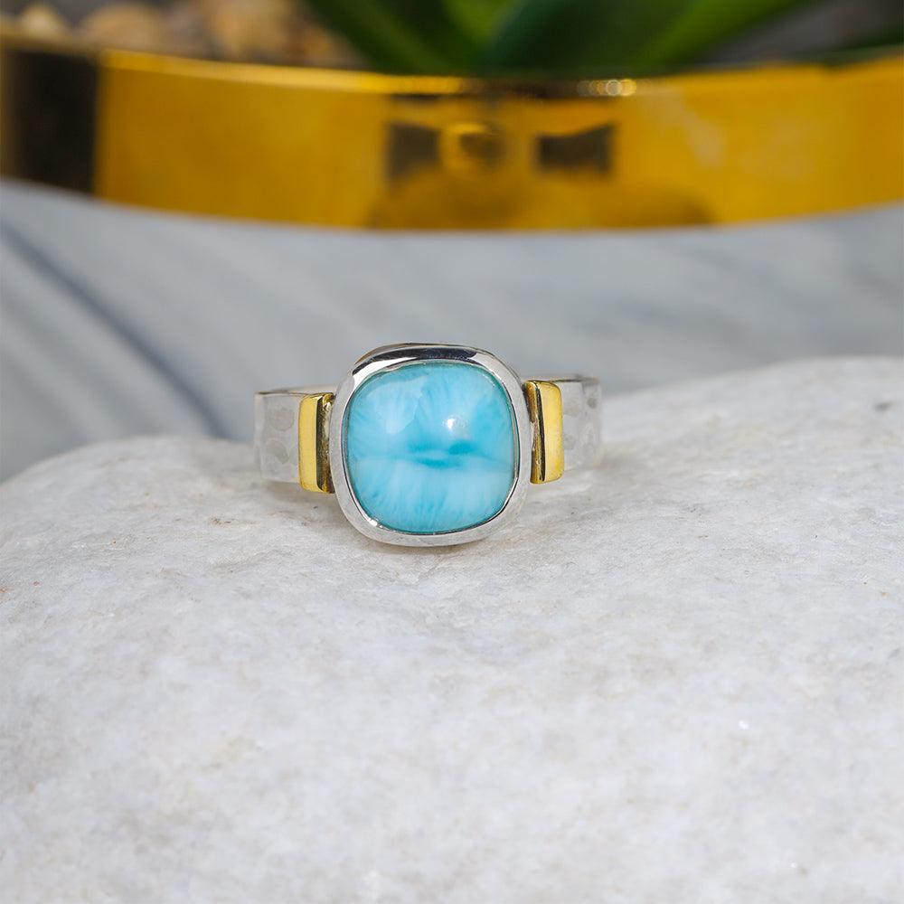 Larimar Solitaire Ring 925 Sterling Silver With Brass Accents - YoTreasure