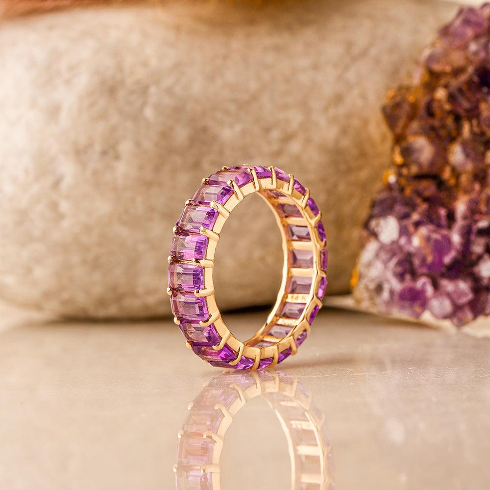 Purple Amethyst Solid 14K Yellow Gold Eternity Wedding Band Ring Jewelry - YoTreasure