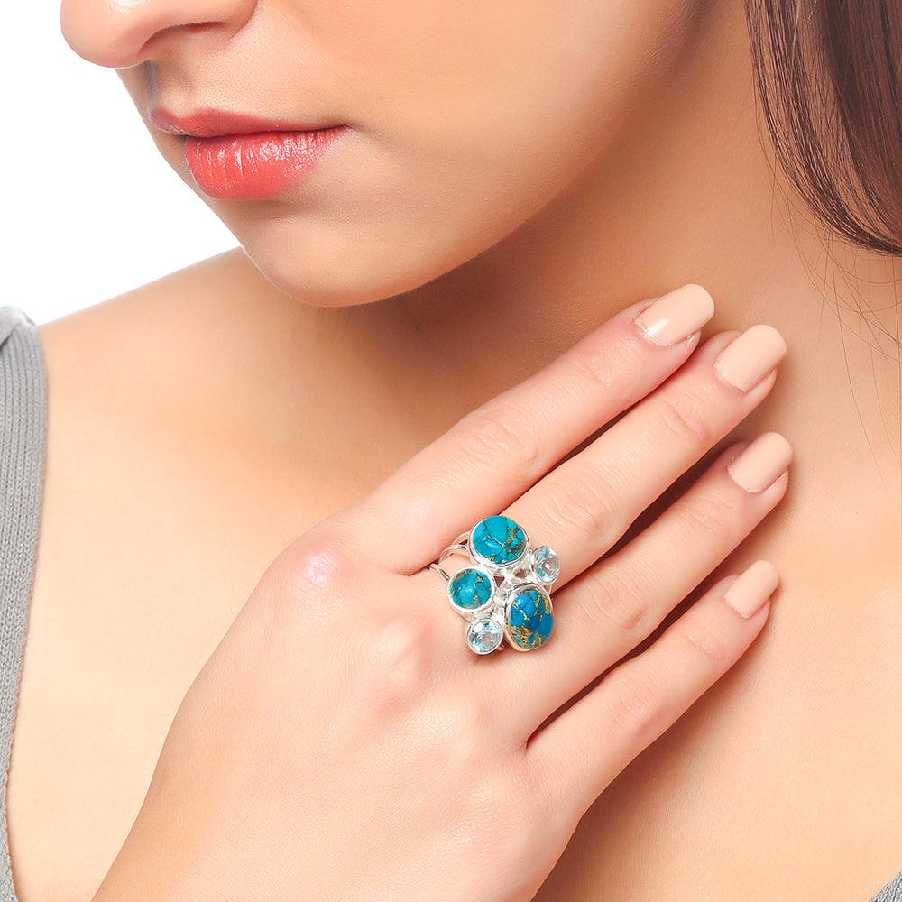Blue Copper Turquoise Solid 925 Sterling Silver Designer Ring Jewelry - YoTreasure