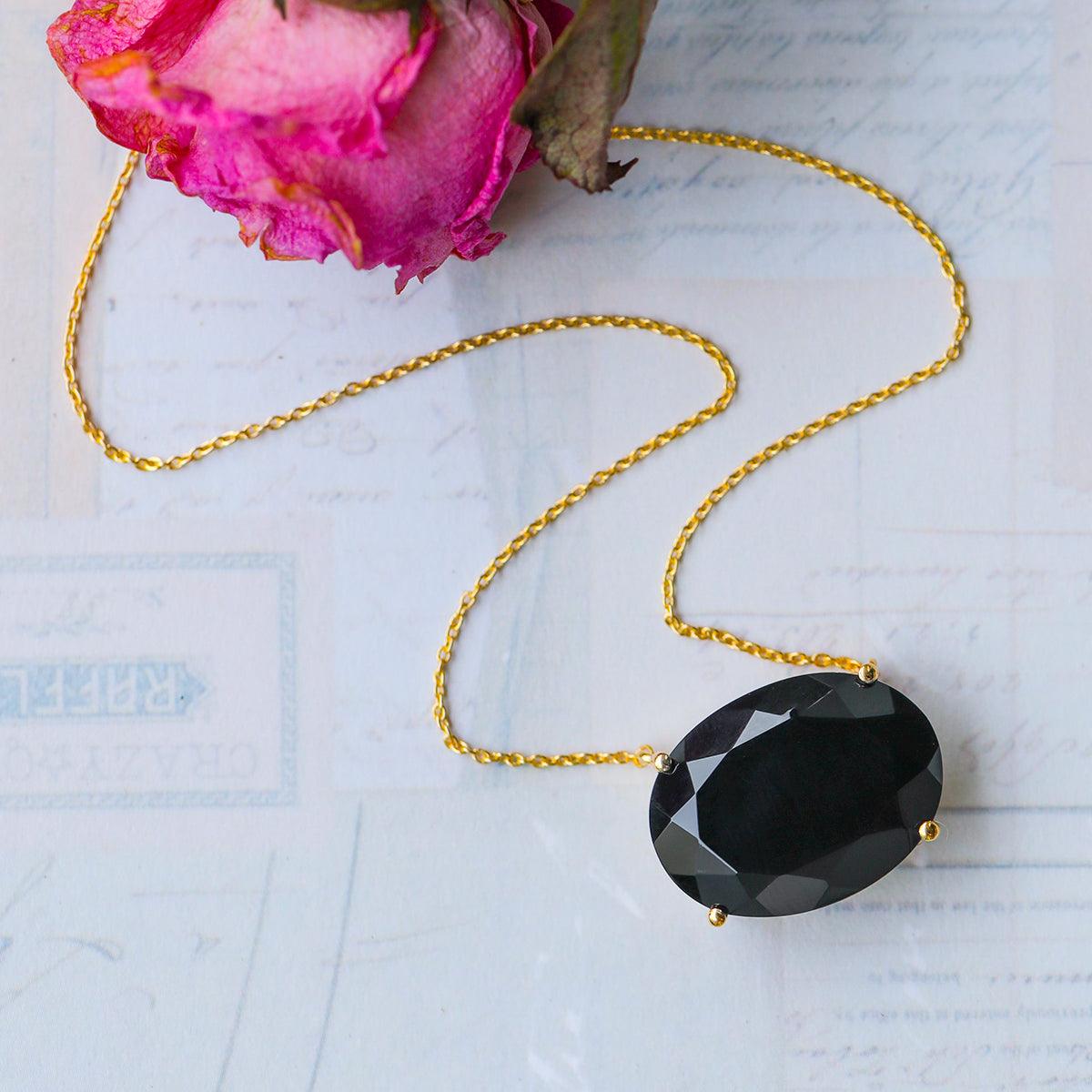 Black Onyx Necklace 14K Gold Plated 925 Silver Chain Pendant Necklace Jewelry - YoTreasure