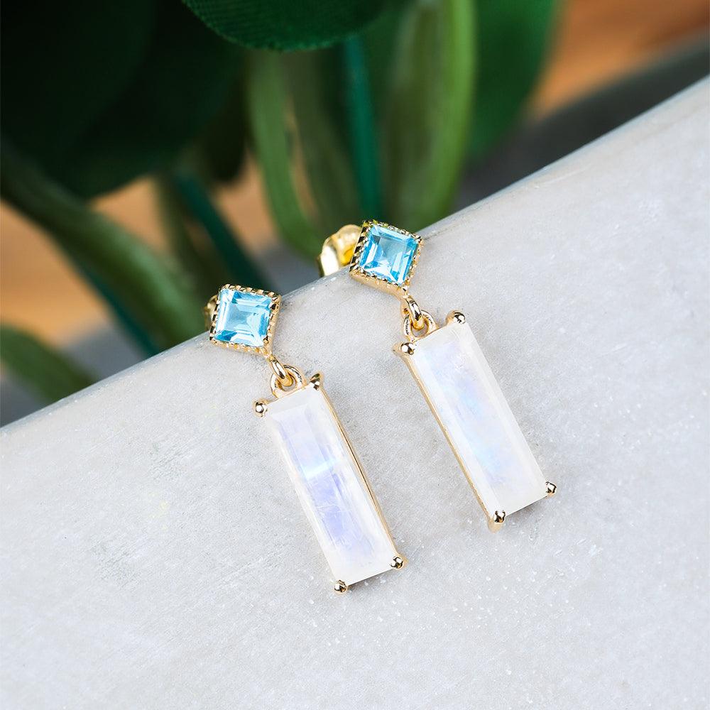 Moonstone Swiss Blue Topaz Solid 14k Yellow Gold Drop Earrings Gemstone Jewelry - YoTreasure