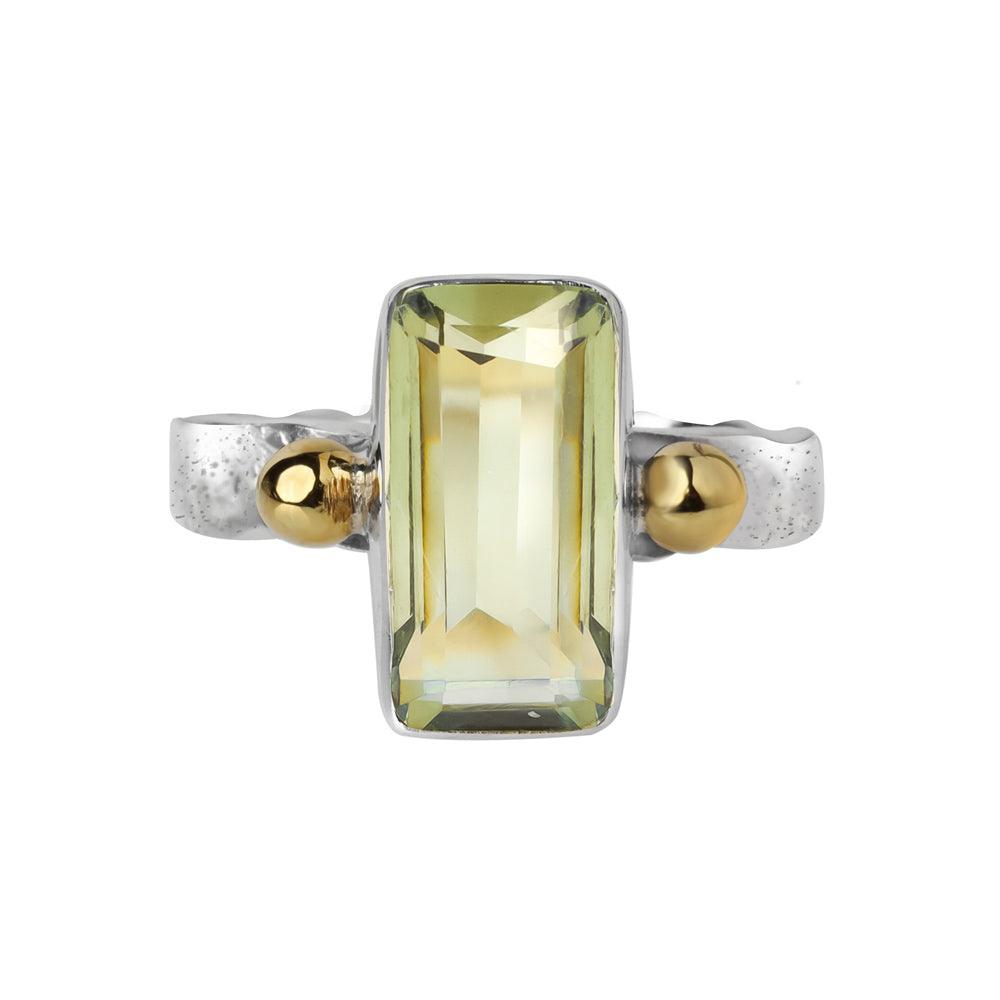 Green Amethyst Solid 925 Sterling Silver Bold Ring With Brass Accents - YoTreasure