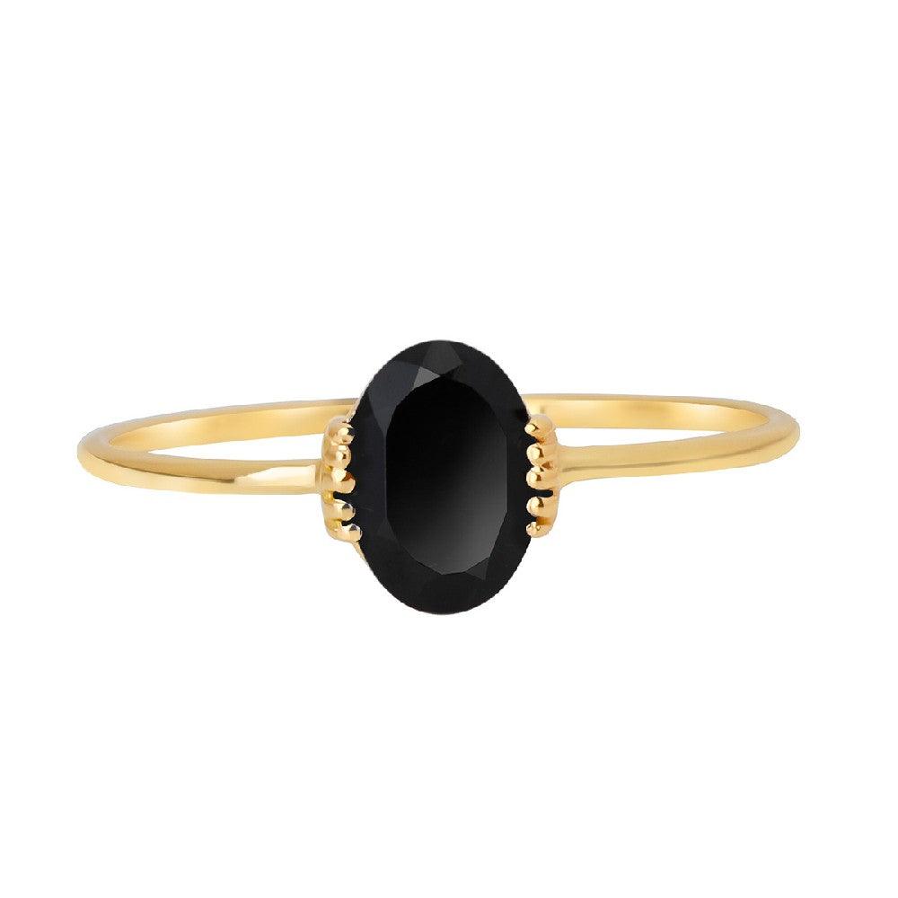 Black Spinel Solitaire Ring 14K Yellow Gold Women Jewelry - YoTreasure