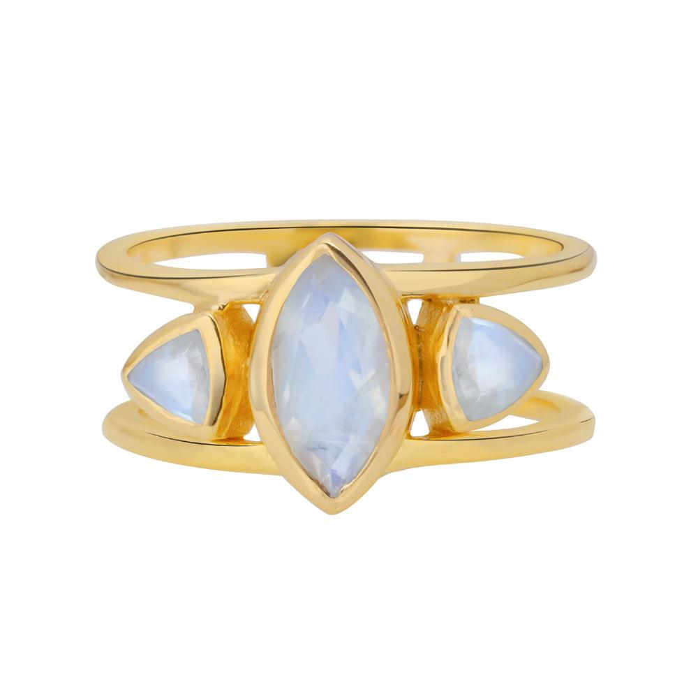 Rainbow Moonstone Solid 14K Gold Plated Over 925 Silver 3 Stone Ring - YoTreasure