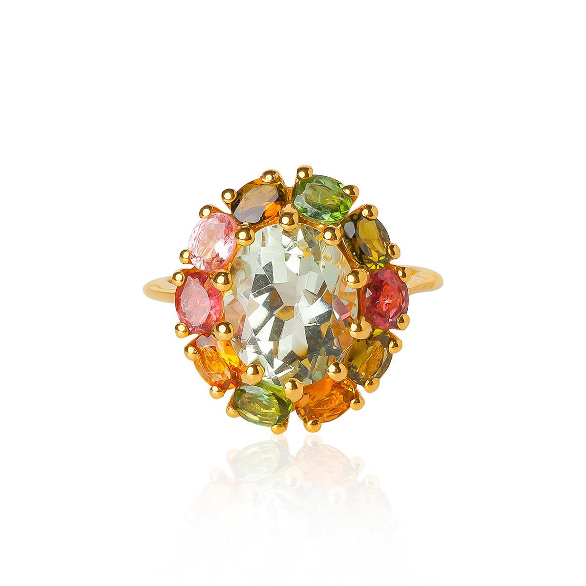 5.70 Ct. Green Amethyst Cluster Ring 10kt Yellow Gold Jewelry - YoTreasure