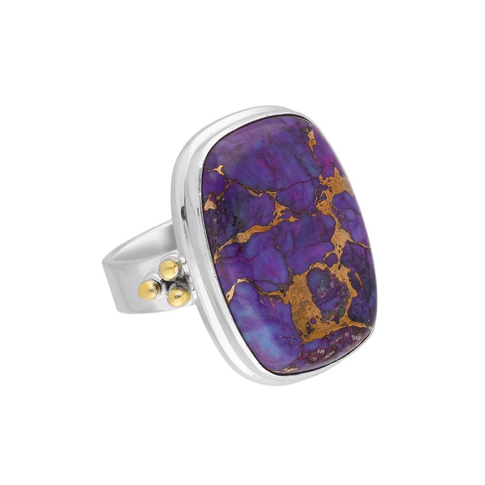 Purple Copper Turquoise Statement Ring 925 Sterling Silver With Brass Accents - YoTreasure