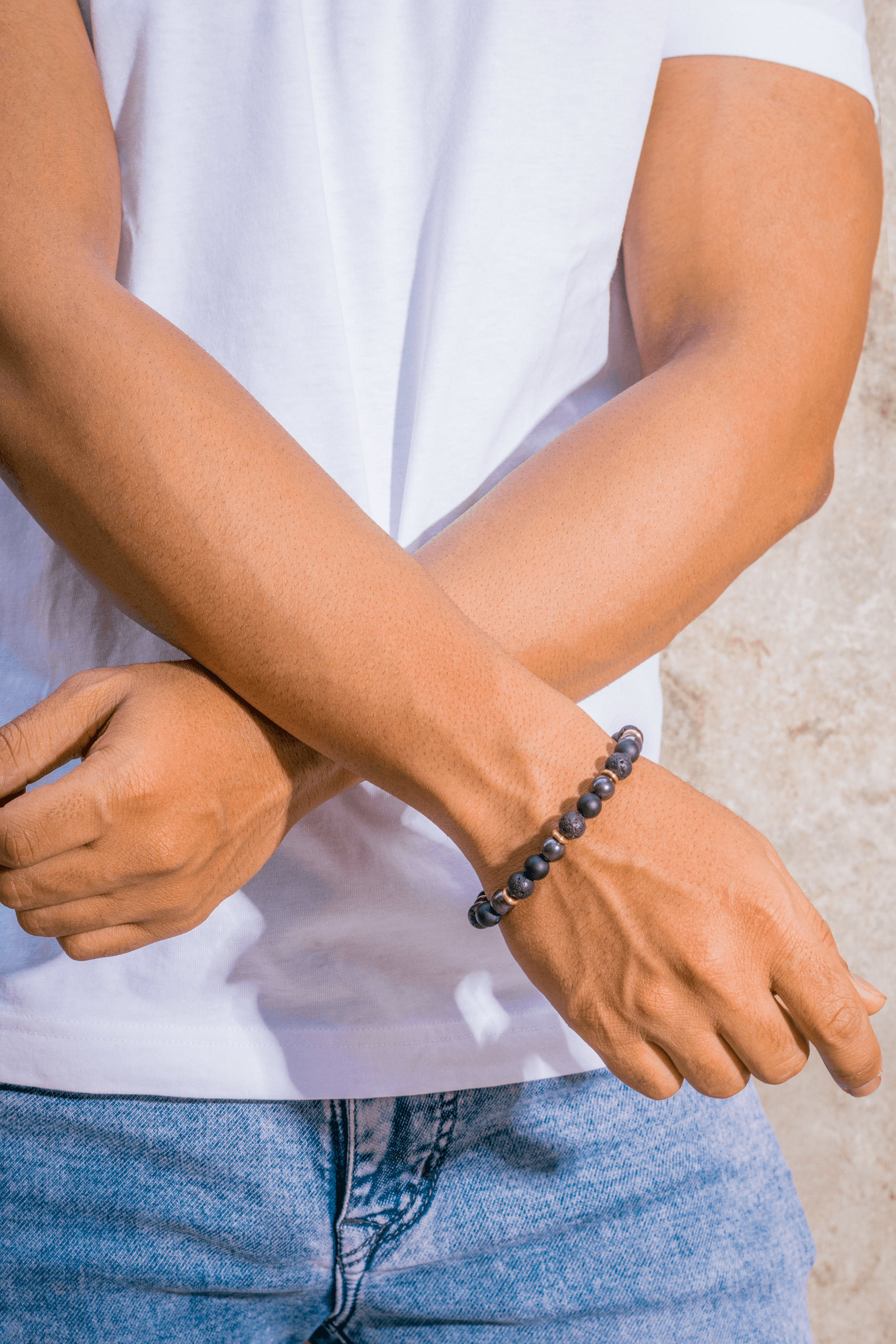 Black Onyx Hematite Volcanic Lava Brass Stretchable Beads Bracelet 7" For Men's Jewelry - YoTreasure