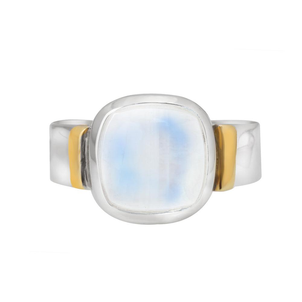 Rainbow Moonstone Solitaire Ring 925 Sterling Silver With Brass Accents - YoTreasure