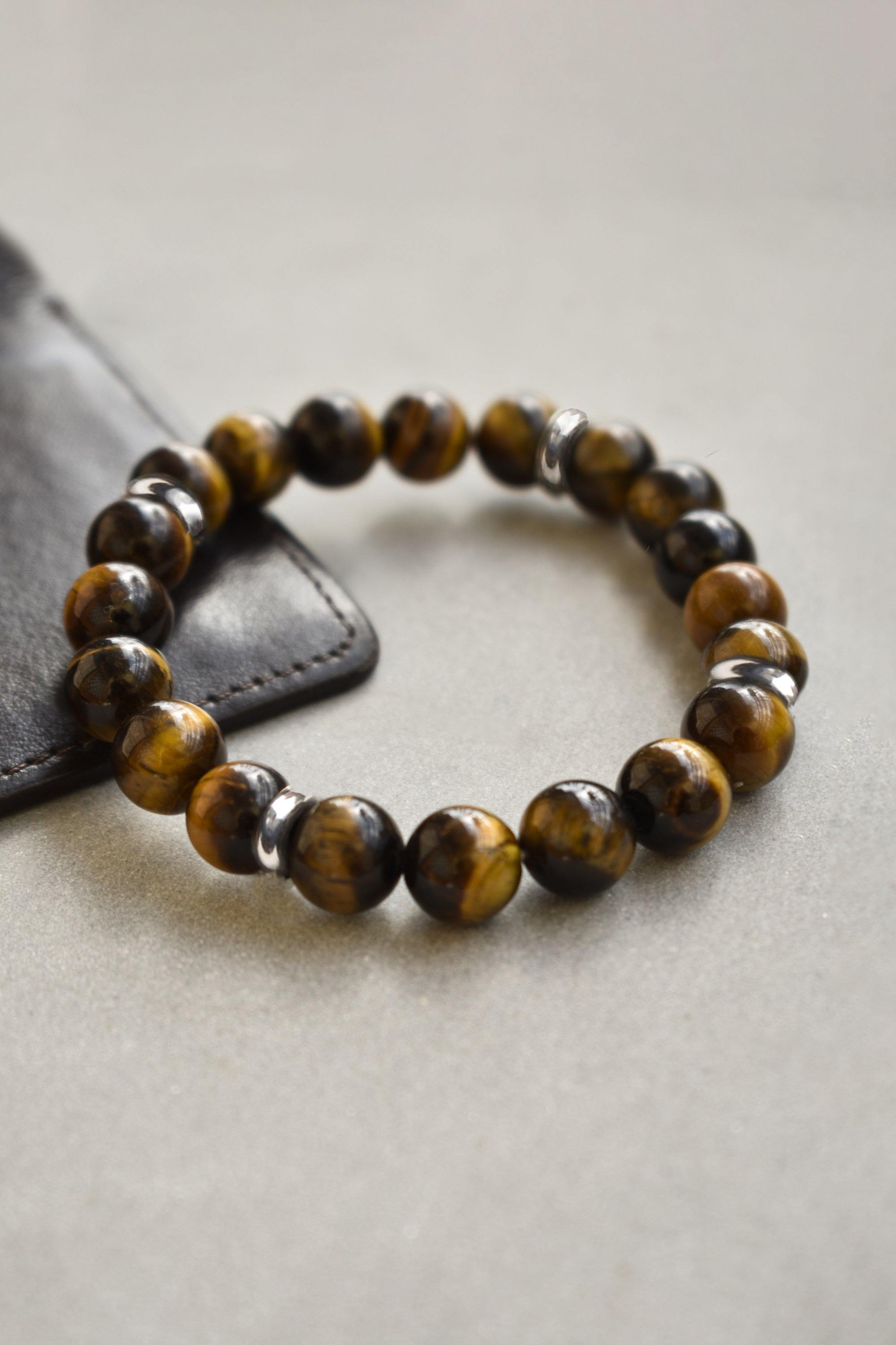 Tiger Eye Solid 925 Sterling Silver Charm Stretchable Beaded Bracelet For Men's Jewelry - YoTreasure