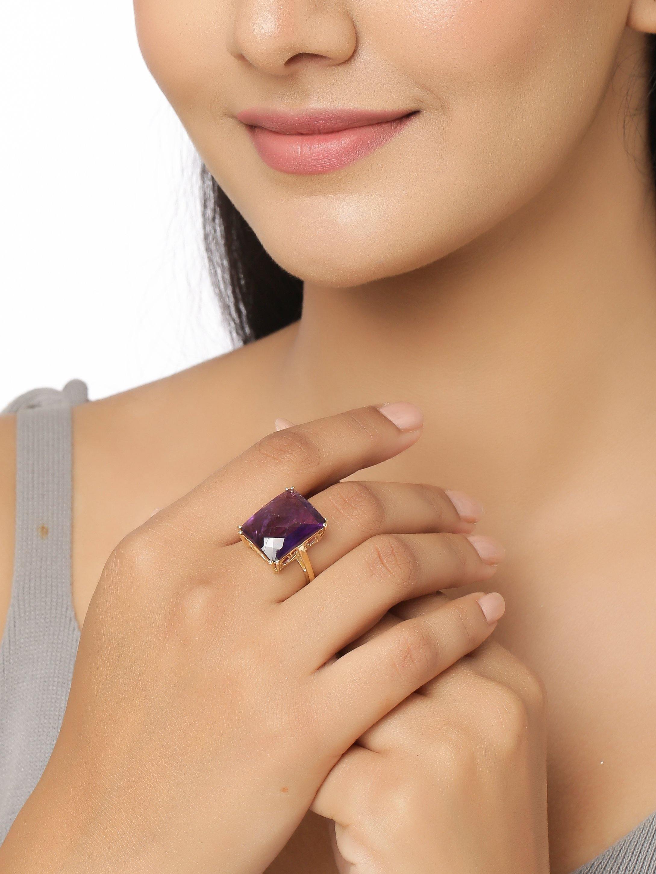 Amethyst Solid 925 Sterling Silver Gold Plated Statement Ring - YoTreasure