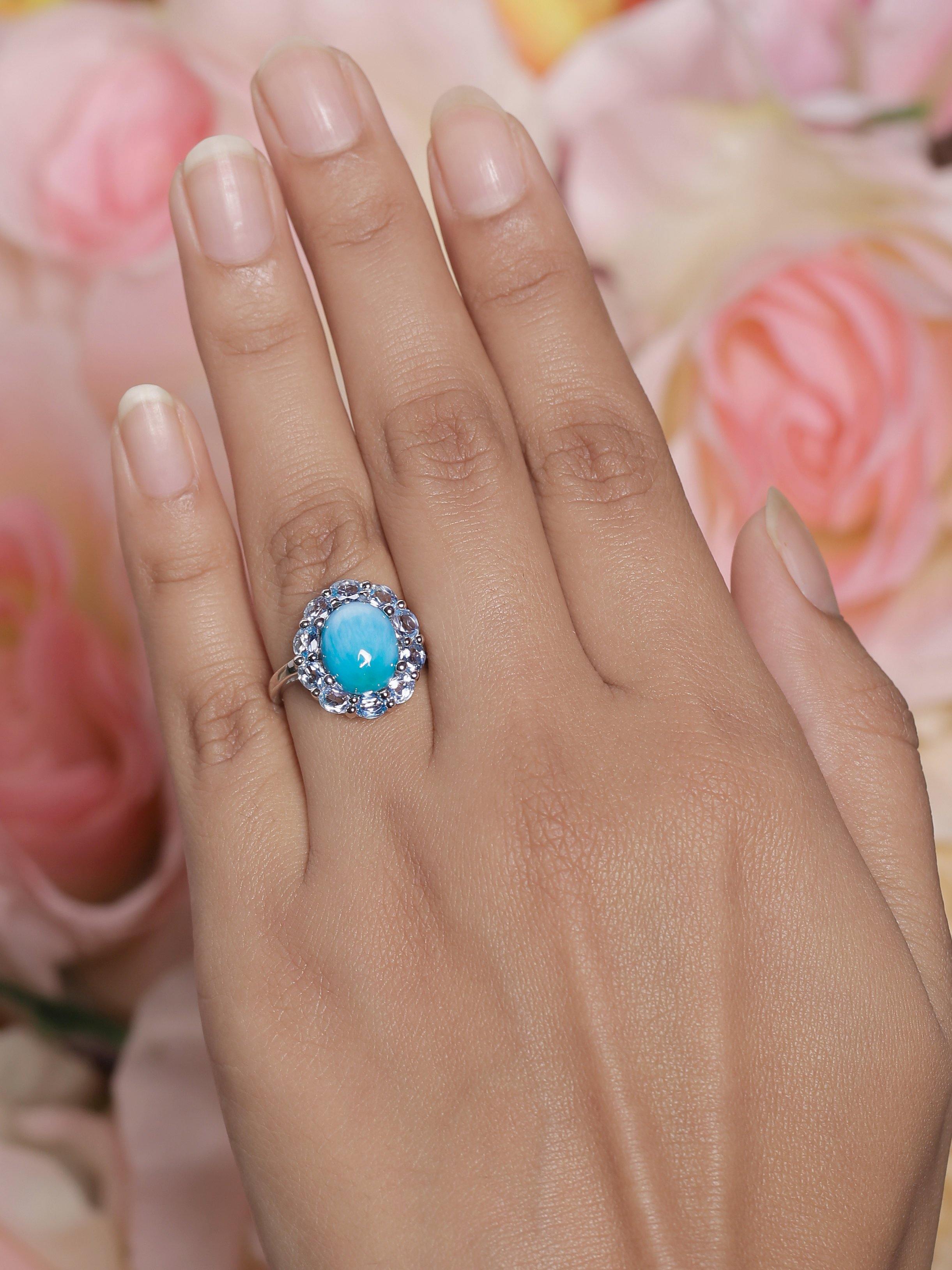 5.43 Ct. Larimar Blue Topaz Sterling Silver Flower Cluster Ring Jewelry - YoTreasure