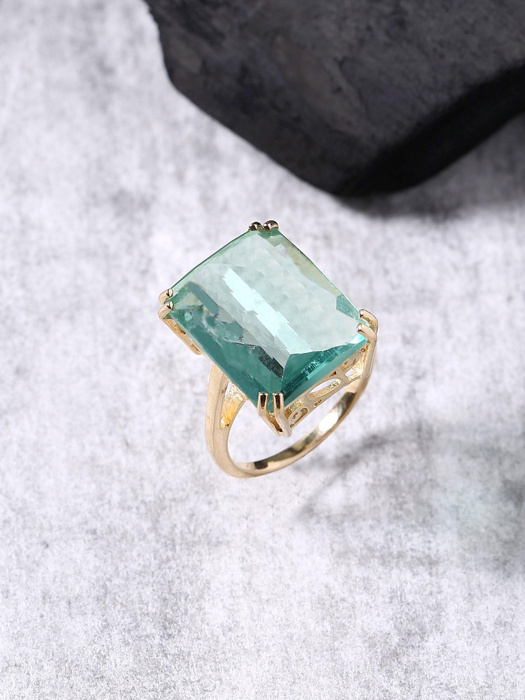 Green Fluorite Solid 925 Sterling Silver Gold Plated Statement Ring Jewelry - YoTreasure