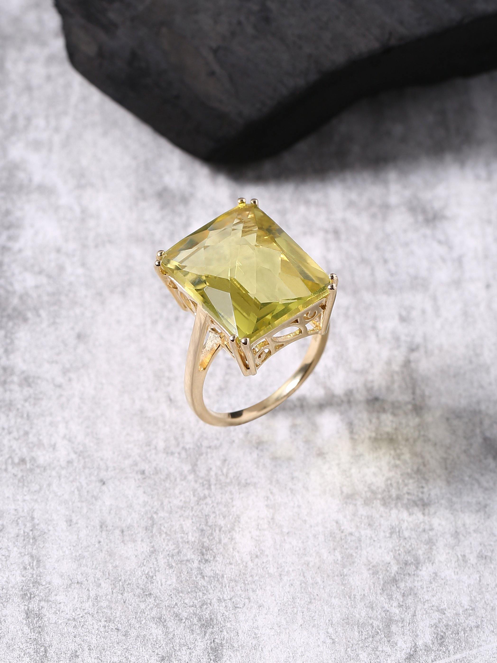 Green Gold Quartz Solid 925 Sterling Silver Gold Plated Statement Ring Jewelry - YoTreasure