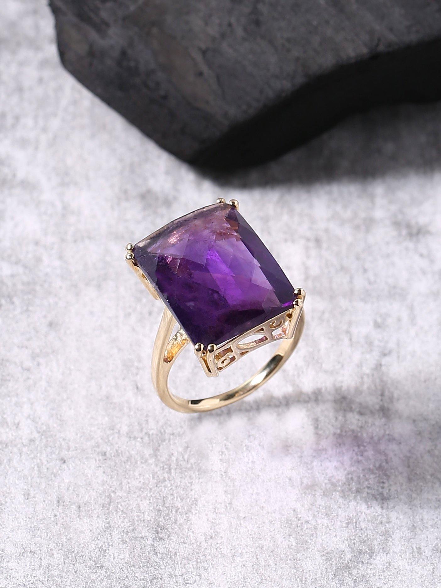 Amethyst Solid 925 Sterling Silver Gold Plated Statement Ring - YoTreasure