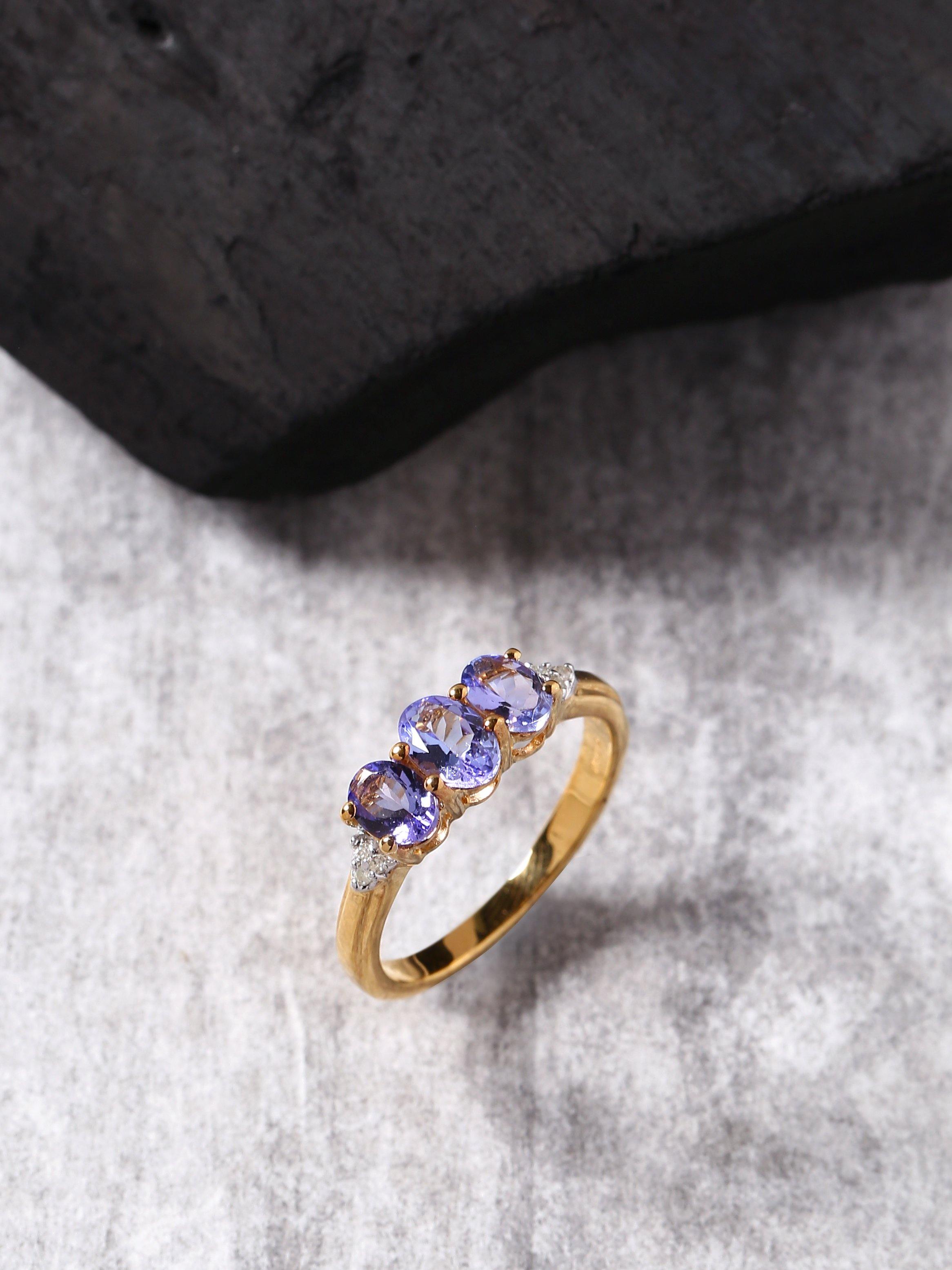 Tanzanite Solid 925 Sterling Silver Gold Plated 3 Stone Ring Jewelry - YoTreasure