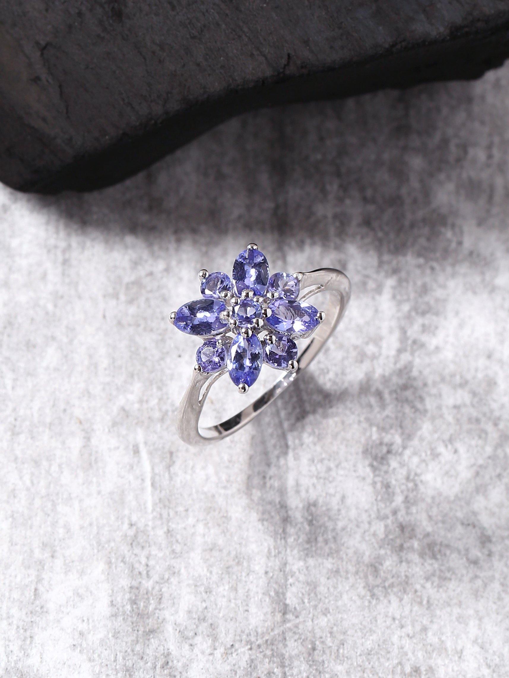 Tanzanite Solid 925 Sterling Silver Flower Cluster Ring Jewelry - YoTreasure