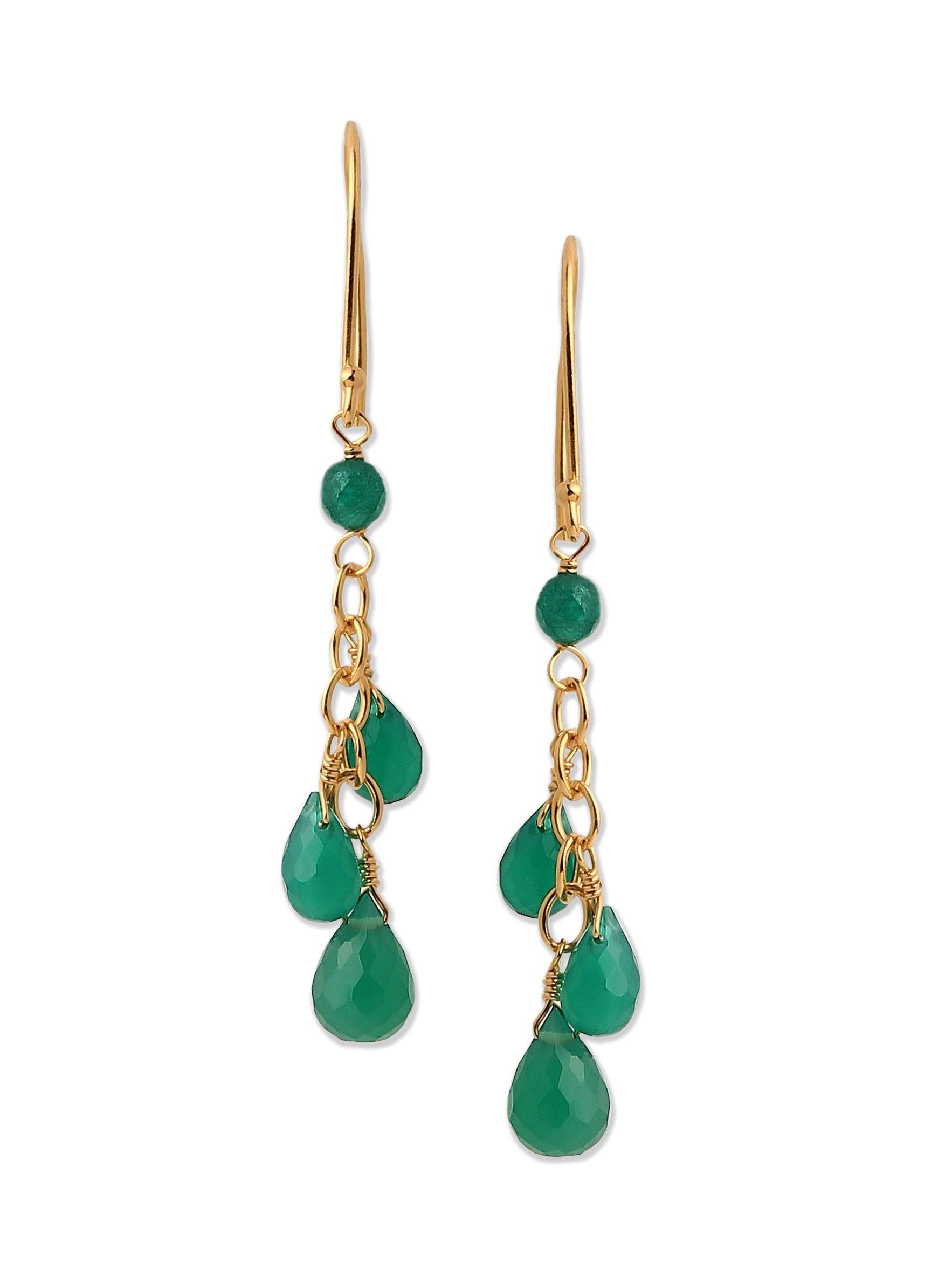 3.70 Ct. Green Onyx Solid 10k Yellow Gold Beads Dangle Earrings - YoTreasure