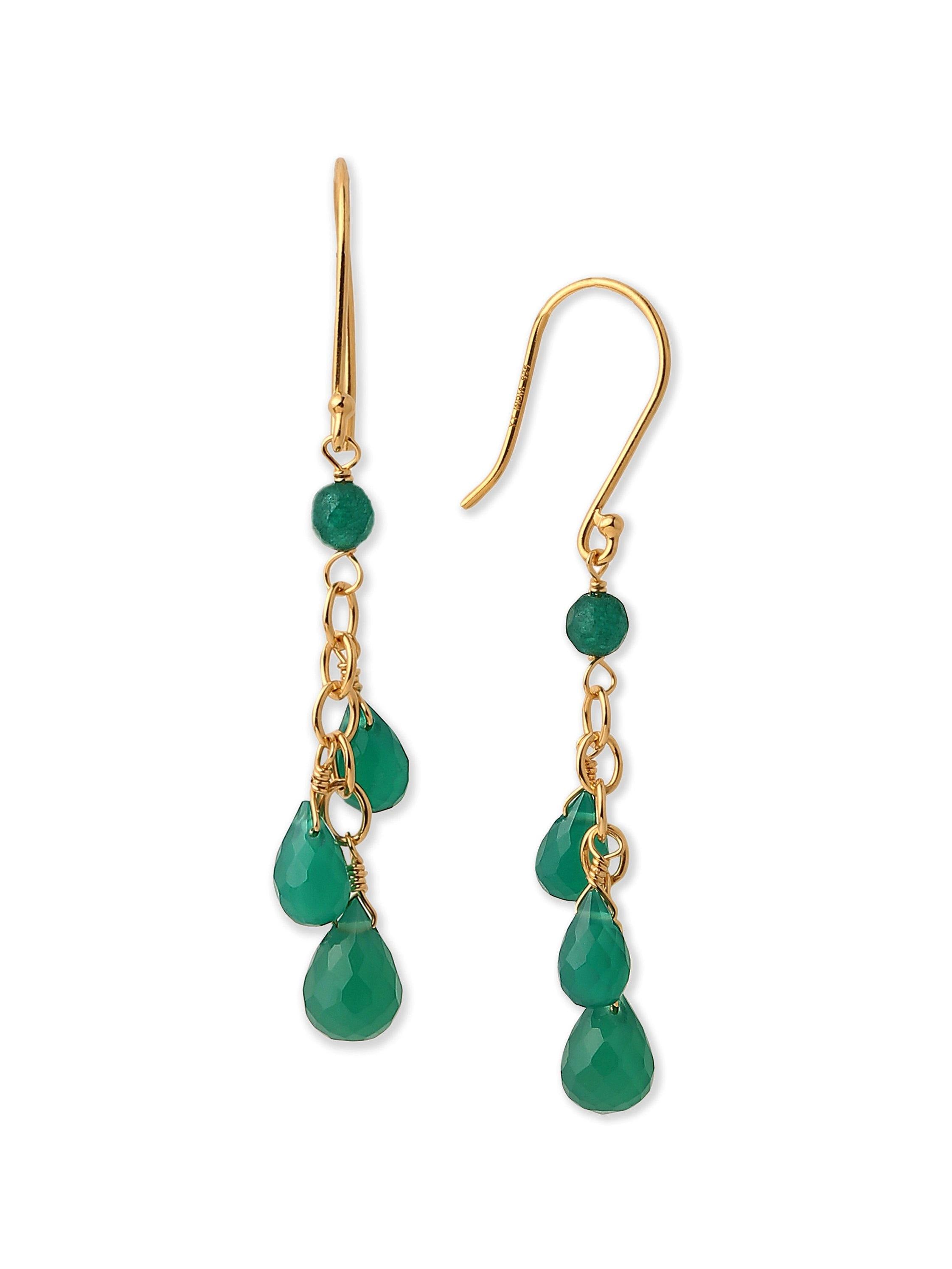 3.70 Ct. Green Onyx Solid 10k Yellow Gold Beads Dangle Earrings - YoTreasure