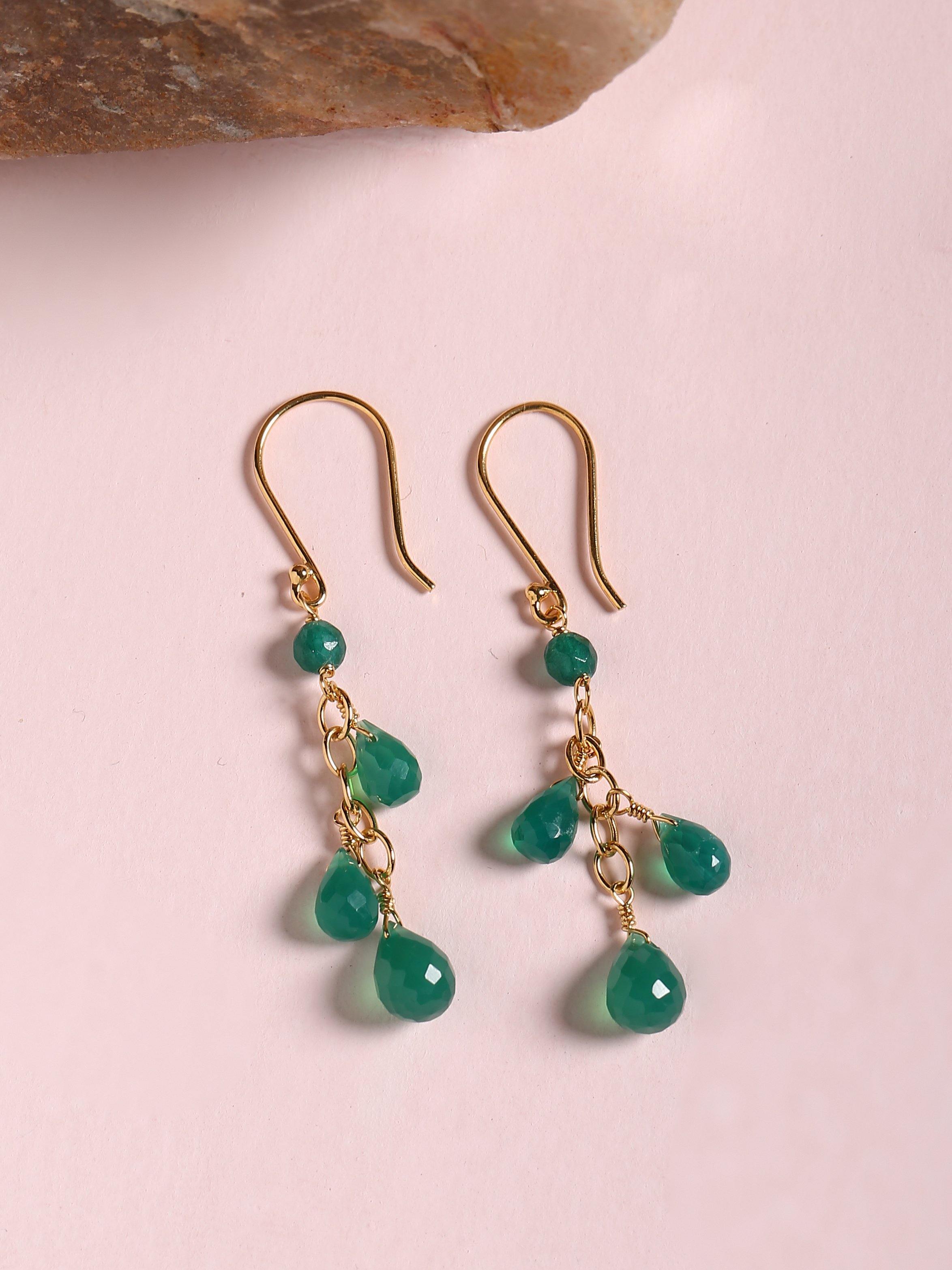 3.70 Ct. Green Onyx Solid 10k Yellow Gold Beads Dangle Earrings - YoTreasure