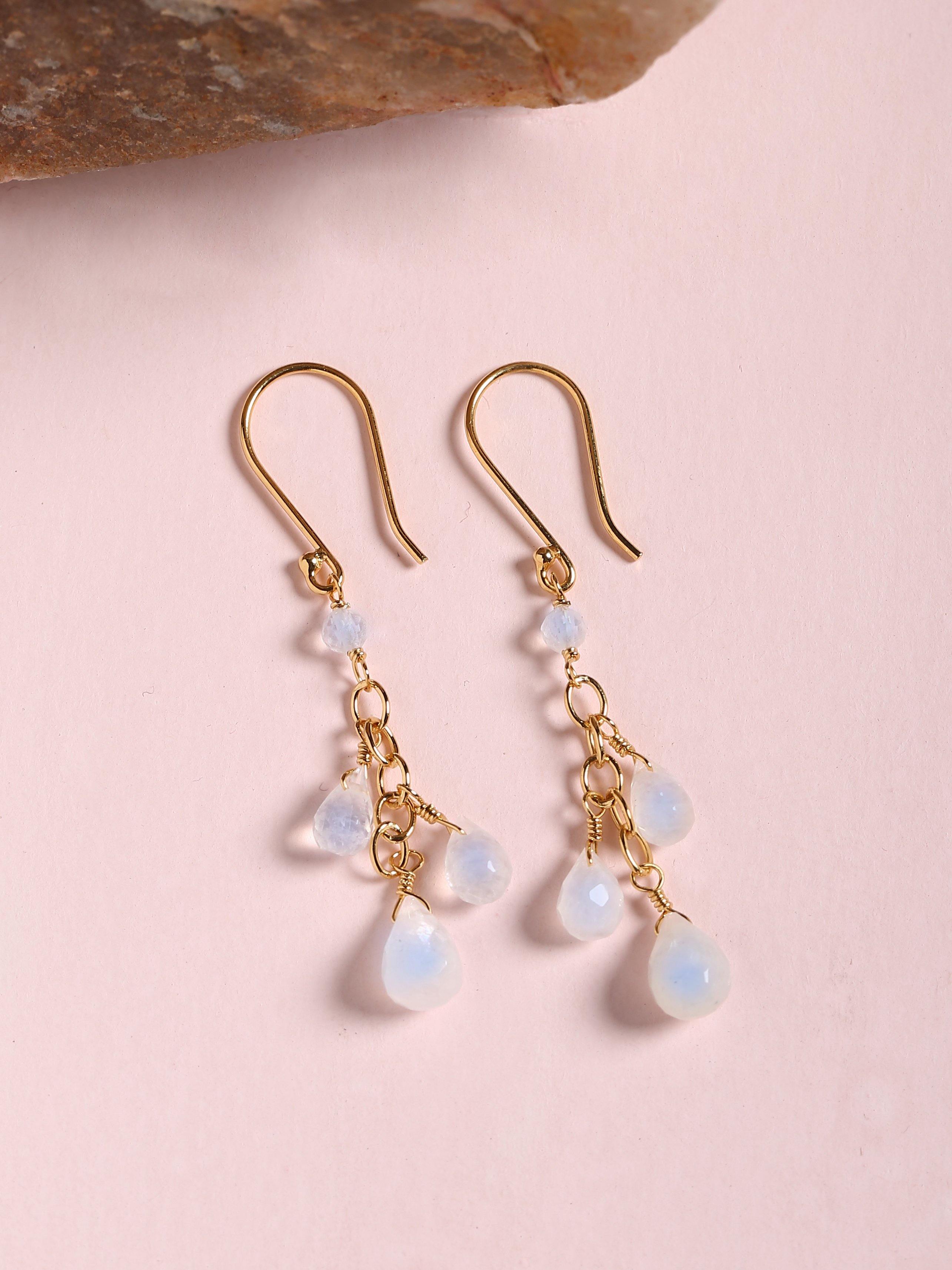 4.08 Ct. Rainbow Moonstone Solid 10k Yellow Gold Beads Dangle Earrings - YoTreasure