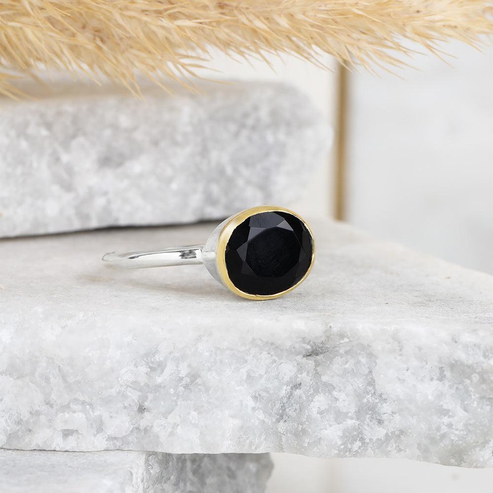 Black Onyx Solitaire Ring 14K Gold Plated Over 925 Silver Jewelry - YoTreasure