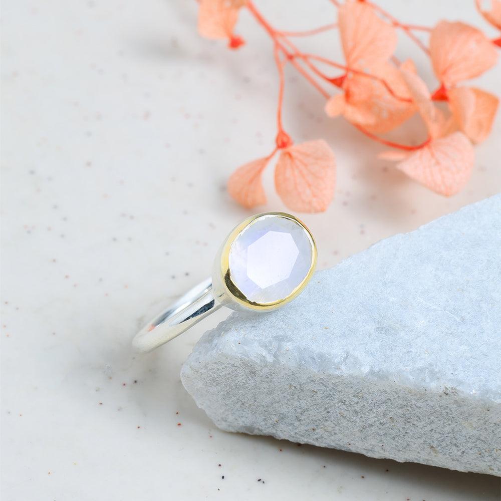 Rainbow Moonstone Solitaire Ring 14K Gold Plated Over 925 Silver Jewelry - YoTreasure