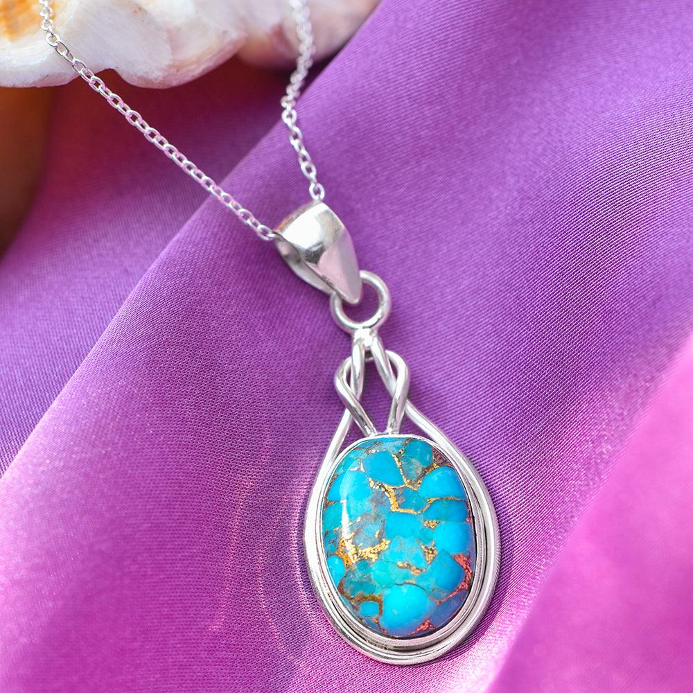 Blue Copper Turquoise Solid 925 Sterling Silver Chain Knot Pendant Jewelry - YoTreasure