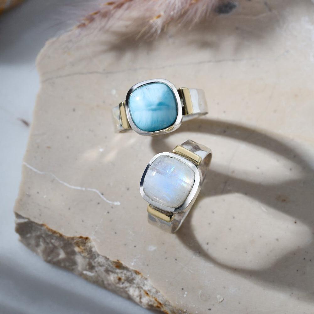Rainbow Moonstone Solitaire Ring 925 Sterling Silver With Brass Accents - YoTreasure